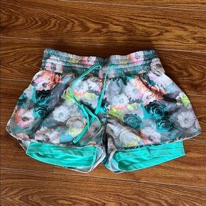 MPG Womens Double Layered Floral Gray Drawstring Athletic Shorts Size S